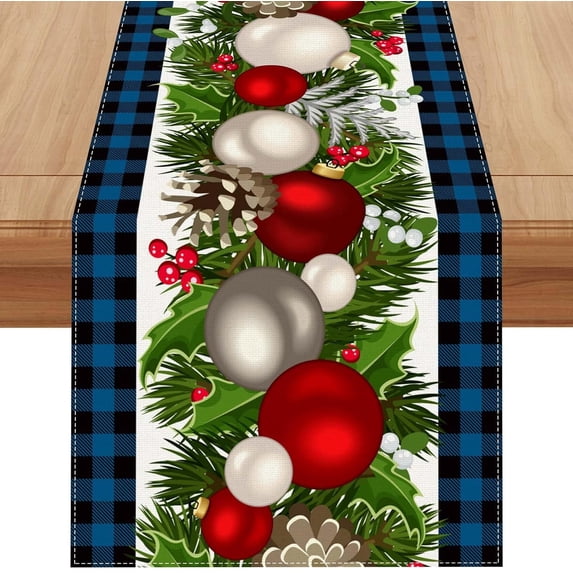 Linen Blue and Black Buffalo Check Christmas Table Runner 72 Inches Long Seasonal Winter Christmas Xmas Holiday Farmhouse Style Table Decoration