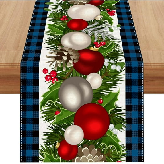 Linen Blue and Black Buffalo Check Plaid Christmas Table Runner 36 Inches Long Farmhouse Winter Christmas Xmas Holiday Home Kitchen Table Decorations