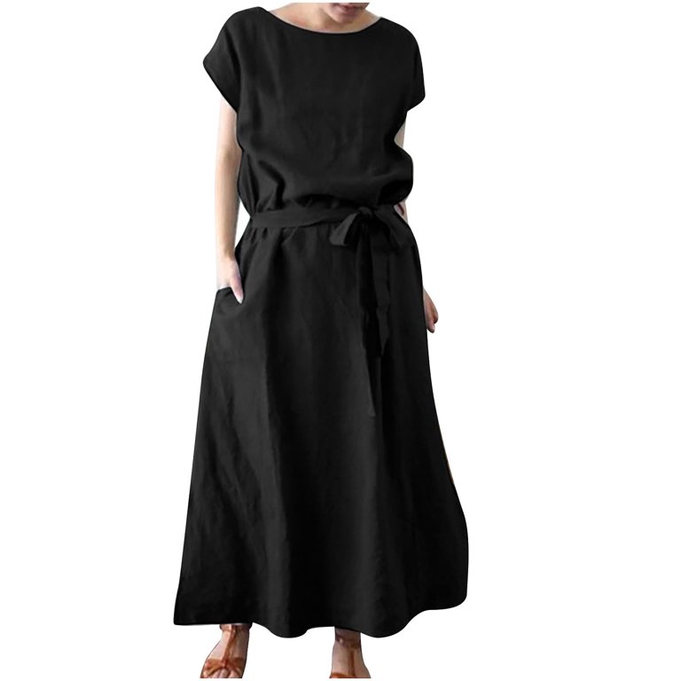 Linen Boat Neck Maxi Dress for Women Tie Waist Bat Sleeves Ankle Dress with  Pockets Solid Color Loose Casual Dress - Walmart.com