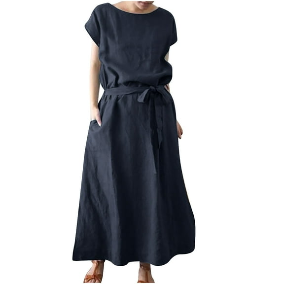 Linen Boat Neck Maxi Dress for Women Tie Waist Bat Sleeves Ankle Dress with Pockets Solid Color Loose Casual Dress