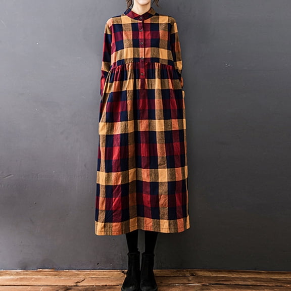 Linen Boho Dresses for Women Plaid Long Sleeve Button V Neck Dress with Pocket Ladies Casual Sundress Elegant Swing Maxi Dress Loose Pullover Lounge Dresses Beach Holiday Sundress Red M