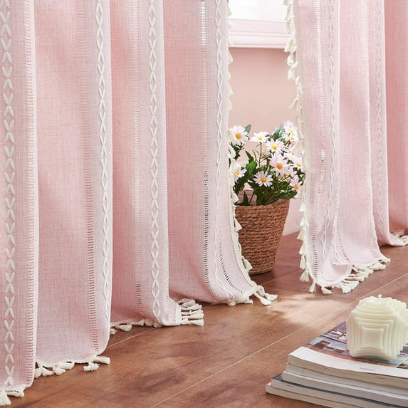 Linen Boho Pink Embroidered Curtains for Girls Bedroom & Nursery - 84" Long, 2 Panels, Light Filtering Farmhouse Drapes (52" W x 84" L)