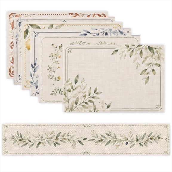 Linen Botanical Placemat and Table Runner Set, Soft Durable Easy Clean, 7-Piece (1 Table Runner, Set of 6 Placemats)