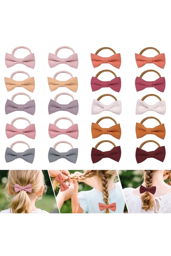 Linen Bows Hair Ties 20 pcs Cute Small Hair Accessories, Toddler Kids Bow Hair Ties