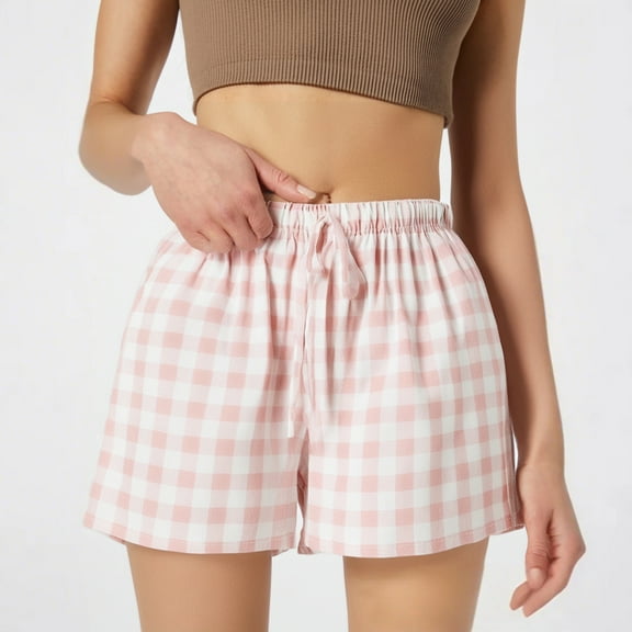 Linen Boxer Shorts for Women Summer Gingham Plaid Pajama Casual Y2K Beach Bottoms with Drawstring Pocket