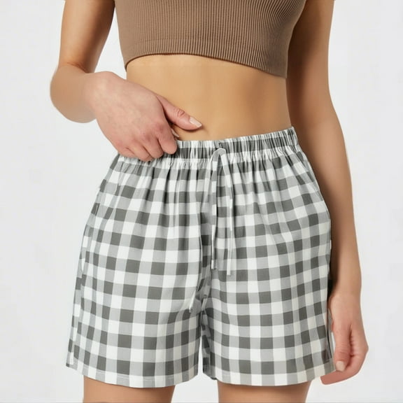 Linen Boxer Shorts for Women Summer Gingham Plaid Pajama Casual Y2K Beach Bottoms with Drawstring Pocket