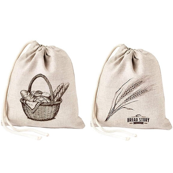 Linen Bread Bags -2 Pack Art Design Natural Unbleached Linen Reusable Food Safe Storage for Homemade Artisan Bread