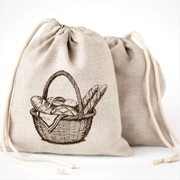 Linen Bread Bags -2 Pack Art Design Natural Unbleached Linen Reusable Food Safe Storage for Homemade Artisan Bread