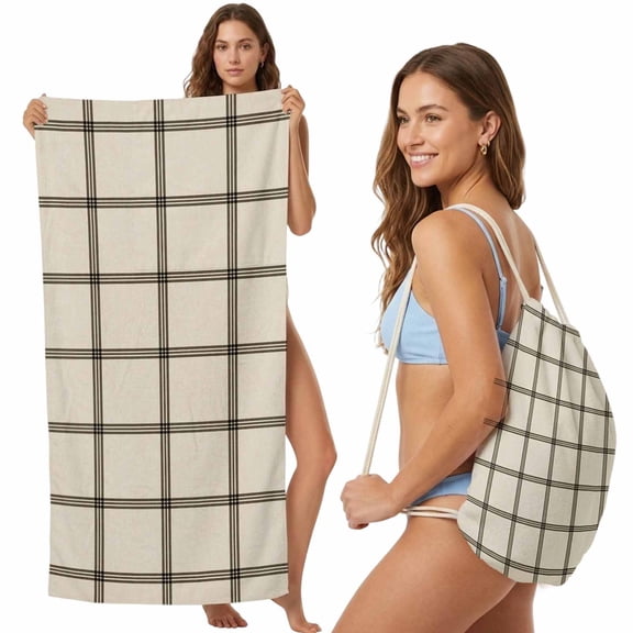 Linen Buffalo Check 2-in-1 Beach Towel Backpack,Quick Dry Beach Towel Blanket Bag,Retro Black Lines Grid Pattern Portable Bath Pool Yoga Swim Picnic Camping Towels Travel Essential 27.6x55 Inches