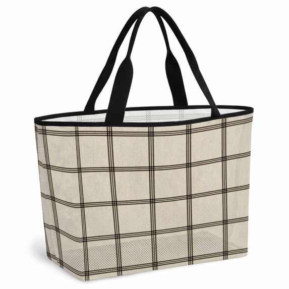 Linen Buffalo Check Beach Bag for Women, Large Breathable Mesh Beach Tote Bag, Retro Black Lines Grid Pattern Sandproof Lightweight Travel Bags for Vacation Picnic Swimming Pool 15.7"x15.7"x9.1"