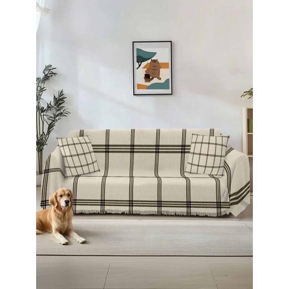 Linen Buffalo Check Couch Cover Sofa Covers 3 Cushion Sectional Couch, Retro Black Lines Grid Pattern Washable Sofa Covers Slipcover Sectional Sofa Cover, Furniture Protector 71"x150"