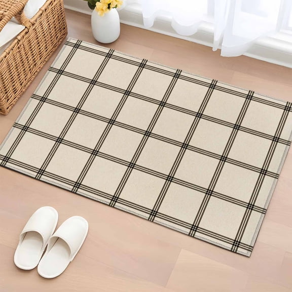 Linen Buffalo Check Entryway Rug 2'x3' Non Slip Front Door Mats, Retro Black Lines Grid Pattern Entrance Rugs Indoor Outdoor Carpet, Washable Floor Mats Small Area Rug for Bedroom Kitchen