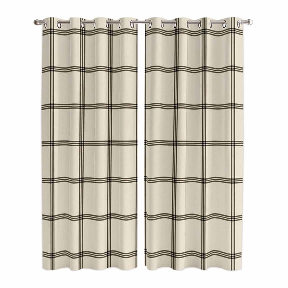 Linen Buffalo Check Kitchen Curtains Window Panels, Retro Black Lines Grid Pattern Insulated Window Treatment Curtain, Grommet Curtains for Bedroom/Living Room/Bathroom, 2 Piece 42"Wx84"L