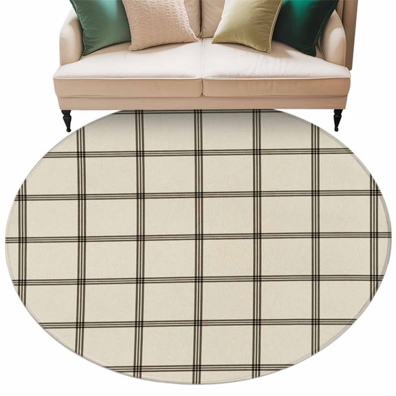 Linen Buffalo Check Large Area Rugs for Bedroom Living Room, Soft Non Slip Carpet Bedside Rug, Retro Black Lines Grid Pattern Round Floor Cover Kitchen Accent Rug 8' for Dining Room/Office
