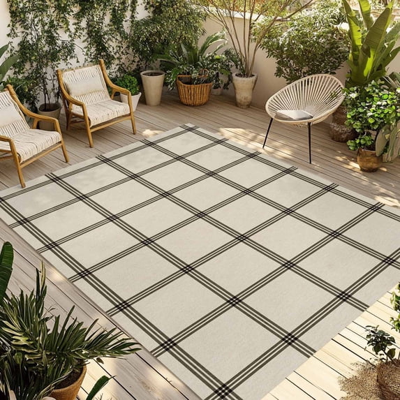Linen Buffalo Check Outdoor Rug for Patio/Deck/Porch, Non-Slip Large Area Rug 3 x 5 Ft, Retro Black Lines Grid Pattern Indoor Outdoor Rugs Washable Area Rugs, Reversible Camping Rug Carpet Runner