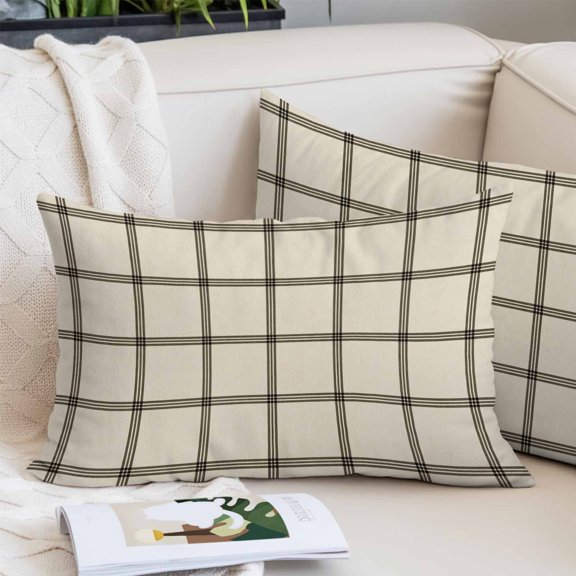 Linen Buffalo Check Pillow Covers 12"x20", Retro Black Lines Grid Pattern Soft Brushed Microfiber Breathable Throw Pillow Covers, Pillowcase with Zipper for Couch Sofa Bedroom Living Room