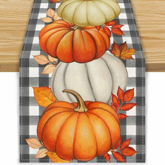 Linen Buffalo Check Plaid Pumpkin Fall Table Runner Maple Leaves Leaf Farmhouse Fall Autumn Thanksgiving Kitchen Table Decorations 13x72 Inch Holiday Farmhouse Fall Decorations for Home