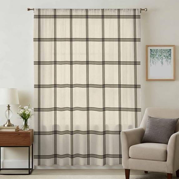 Linen Buffalo Check Sheer Curtains 54 Inches Long, Retro Black Lines Grid Pattern Light Filering Curtains, Breathable Simi Curtain Privacy Drapes for Kitchen Bathroom Small Window Treatment