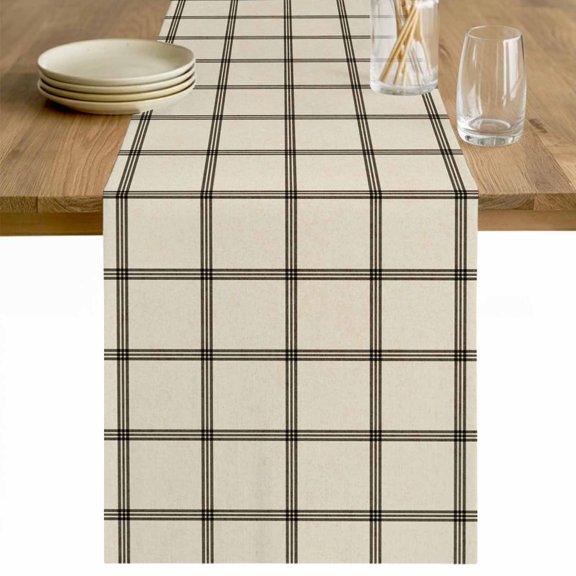Linen Buffalo Check Table Runner - 72 Inch Long Retro Black Lines Grid Pattern Cotton and Linen Blended Dress Scarves Farmhouse Table Runner for Kitchen Dining, Coffee Table, 13" x 72"