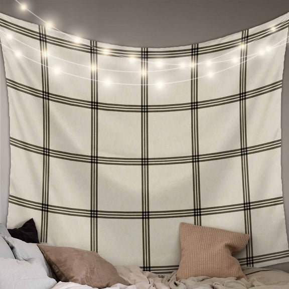 Linen Buffalo Check Tapestry for Bedroom Wall Hanging Tapestry, Retro Black Lines Grid Pattern Ceiling Backdrop Tapestries Poster Blanket Wall Decor for Teens Room Living Room Dorm 39" x 59"