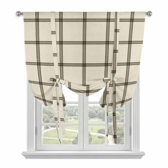 Linen Buffalo Check Tie Up Curtains 45 Inches Long, Kitchen Window Curtains Over Sink, Retro Black Lines Grid Pattern Small Window Curtains Shade Balloon Curtains Valances for Bedroom/Cafe 34"x45"