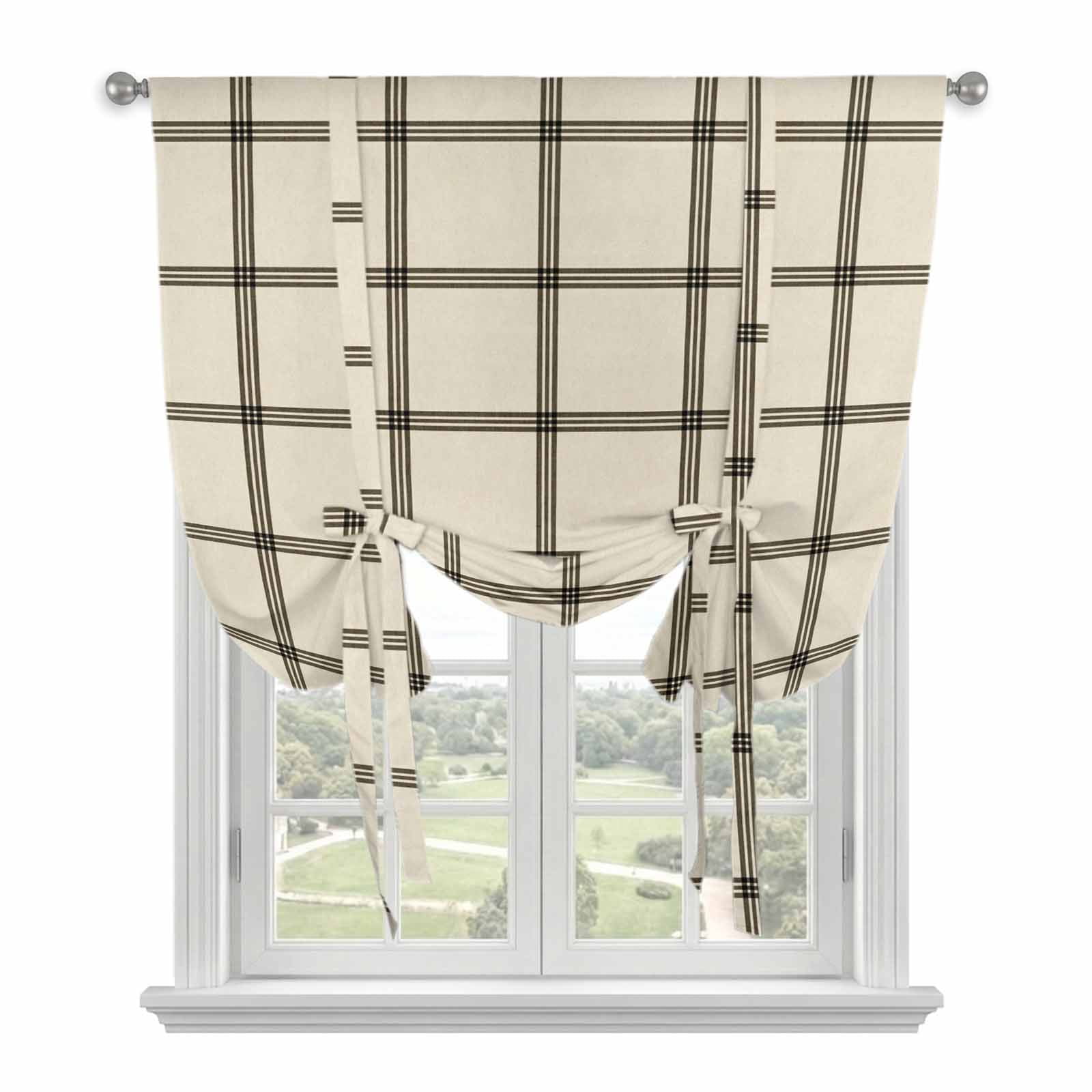 Linen Buffalo Check Tie Up Curtains for Windows, Adjustable Balloon Window Shades, Retro Black Lines Grid Pattern Kitchen Window Treatments Adjustable Roll Up Curtain for Basement/Nursery 52"x45"