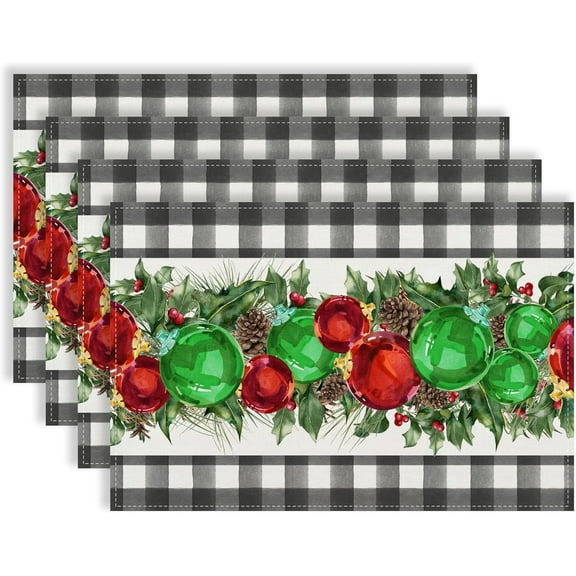 Linen Buffalo Plaid Christmas Placemats Set of 4 Christmas Table Mats Winter New Year Xmas Decor Black and White Christmas Decorations and Supplies for Home Kitchen Table-12×18’’