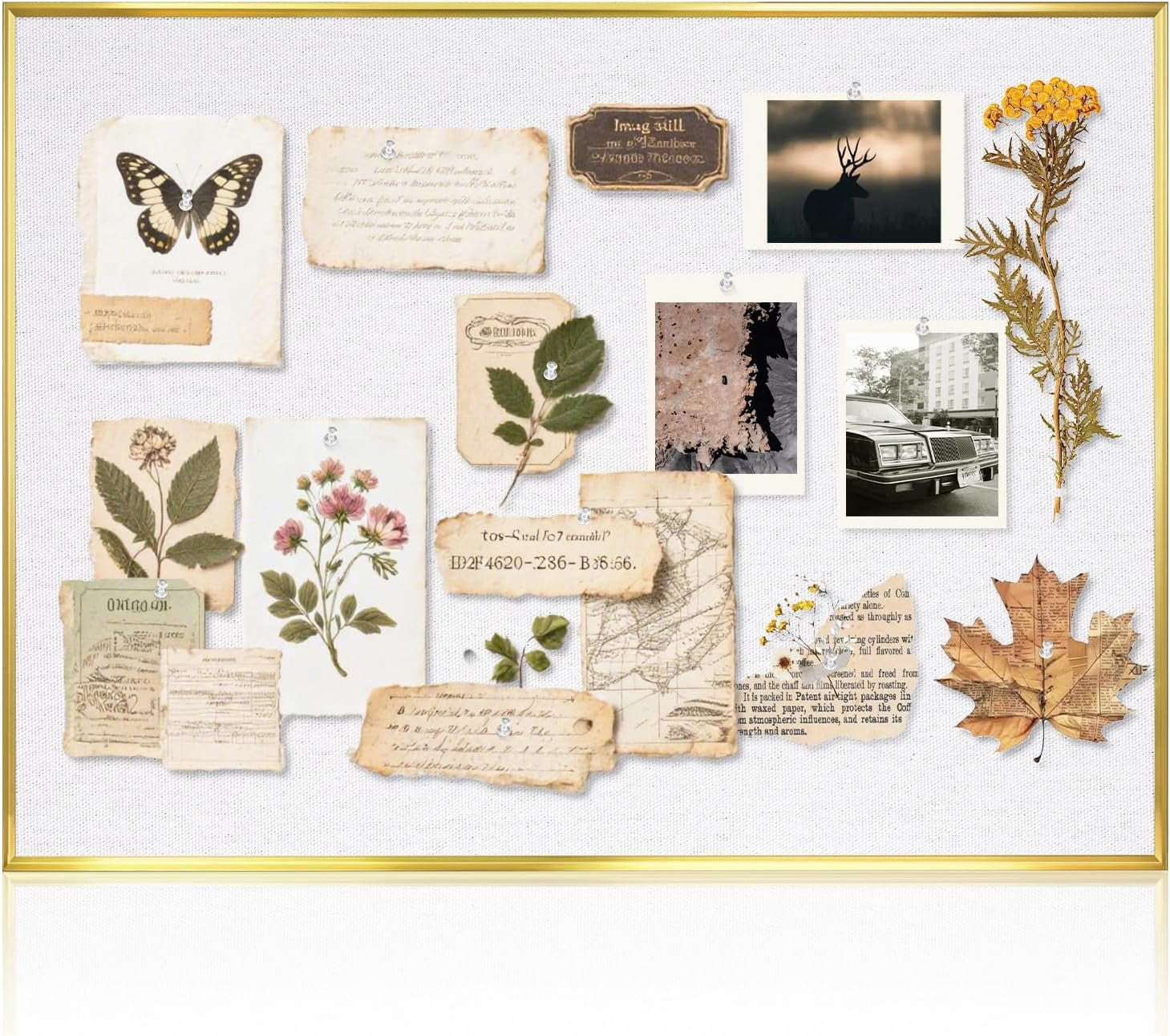 Linen Bulletin Board 24 x18 Inches, White Pin Vision Board, Gold Aluminum Framed Fabric Cork for Home Office Wall Decor, 10 Push Pins