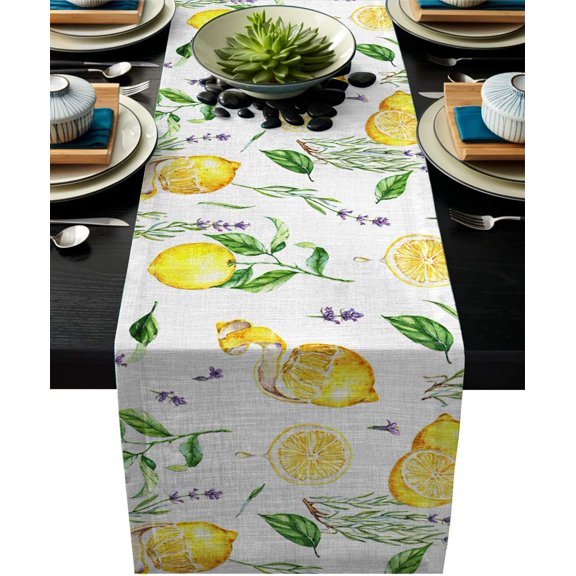 Linen Burlap Table Runner, Lemon Kitchen Table Runners for Family Dinner, Banquet, Parties and Celebrations, Fresh Lemon Pattern Table Decor, 13 x 90 inch