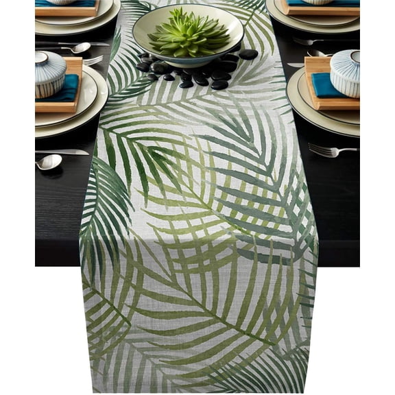 Linen Burlap Table Runner, Tropical Palm Leaves Kitchen Table Runners for Family Dinner, Banquet, Parties and Celebrations, Tropical Plant Table Decor, 14 x 72 inch
