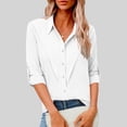 thumbnail image 1 of Linen Button Down Blouse for Women Rolled Sleeve V Neck Casual Officewear Loose Fit Solid Texture Breathable Fabric Summer Fall Business Work Shirt Tops, 1 of 7