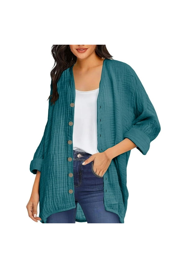 Linen Button Cardigan Women - 3/4 Sleeve Open Front Oversized Coat Casual Lightweight Summer Fall Breathable Natural Fabric Effortless Chic