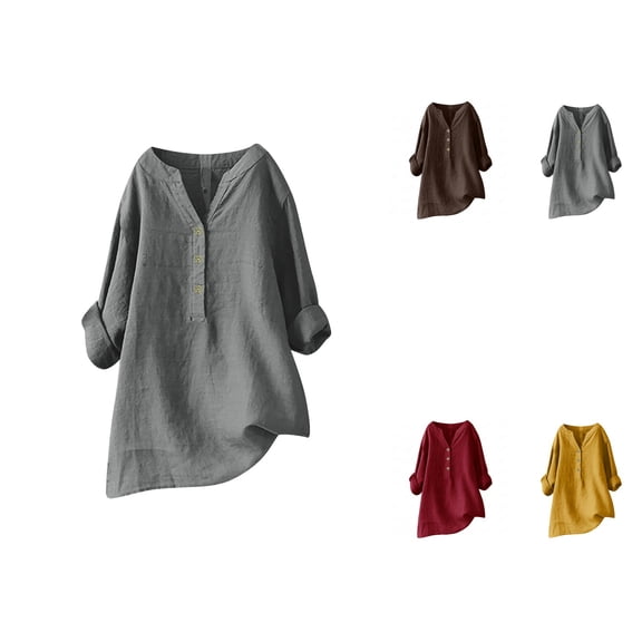 Linen Button Down Blouse for Women: Long Sleeve Loose Casual Oversized Tops, Crewneck Breathable Summer Shirts
