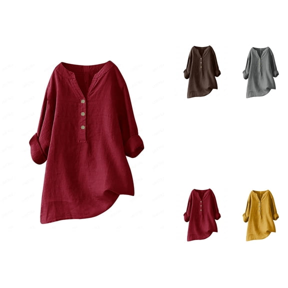 Linen Button Down Blouse for Women: Long Sleeve Loose Casual Oversized Tops, Crewneck Breathable Summer Shirts