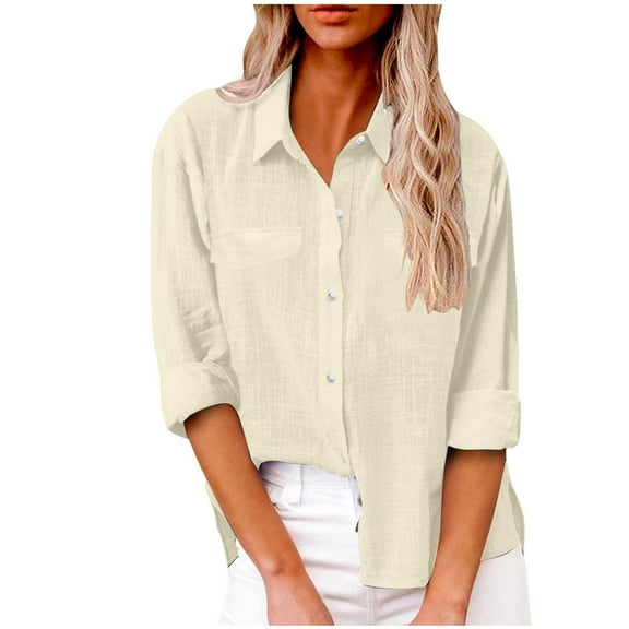 Linen Button Down Shirt - Lapel Long Sleeve Top, Breathable Summer Casual with Rolled Cuffs