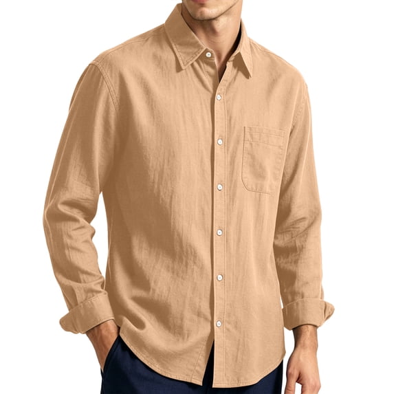 Linen Button Down Shirt Long Sleeve Solid Pocket Collared Light Breathable Casual Vacation Shirt, 3XL