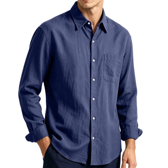Linen Button Down Shirt Long Sleeve Solid Pocket Collared Light Breathable Casual Vacation Shirt, XL