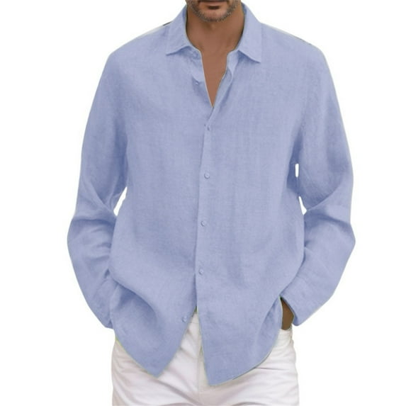 Linen Button Down Shirt Men Male Cotton Linen Turn Down Shirts Solid Casual Big And Tall Long Sleeve Shirt Mens Linen Shirt Light Blue XXXXXL