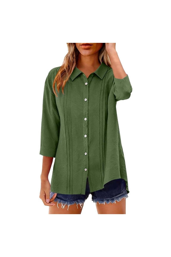 Linen Button Down Shirt Women 3/4 Sleeve Lapel Pleated Front Tunic Tops 2026 Summer Casual Loose Blouses Green 2XL