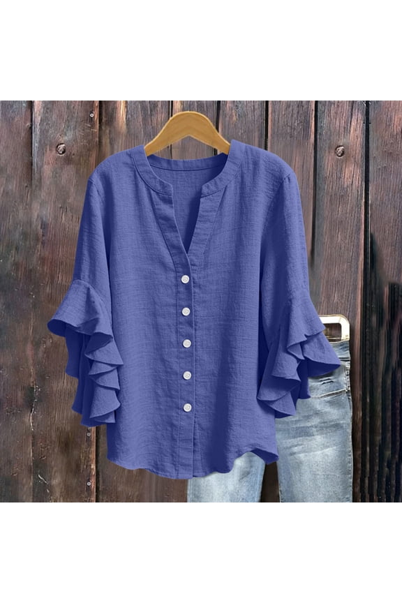 Linen Button Down Shirt Women Short Sleeve Ruffle Blouses Summer Beach Vacation Business Casual Loose Fit Outfits, 2026 New Limited Time Offer