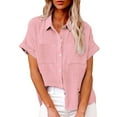 thumbnail image 1 of Linen Button Down Shirt Women! Yigetop Women's Spring Autumn Casual Double Pocket Short Sleeve Cotton Shirt Top Linen Shirts for Women Pink S, 1 of 9