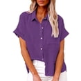 thumbnail image 1 of Linen Button Down Shirt Women! Yigetop Women's Spring Autumn Casual Double Pocket Short Sleeve Cotton Shirt Top Linen Shirts for Women Purple S, 1 of 9