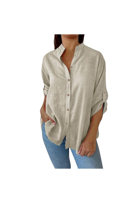 Linen Button Down Shirts Womens Rolled Long Sleeve Collared Blouse Dressy Casual Tops Solid Color, Beige-A XL