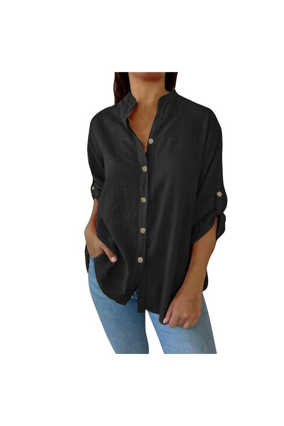 Linen Button Down Shirts Womens Rolled Long Sleeve Collared Blouse Dressy Casual Tops Solid Color, Black-A 2XL