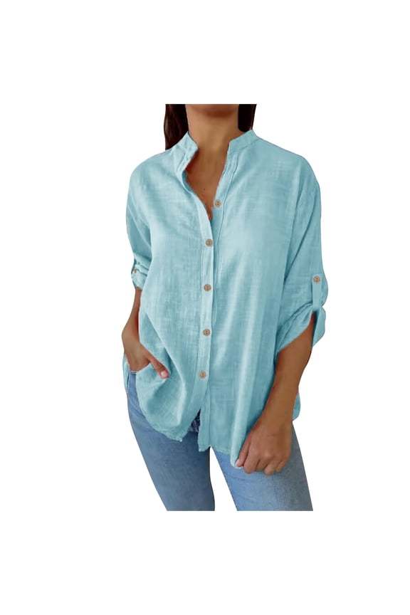 Linen Button Down Shirts Womens Rolled Long Sleeve Collared Blouse Dressy Casual Tops Solid Color, Blue-A M
