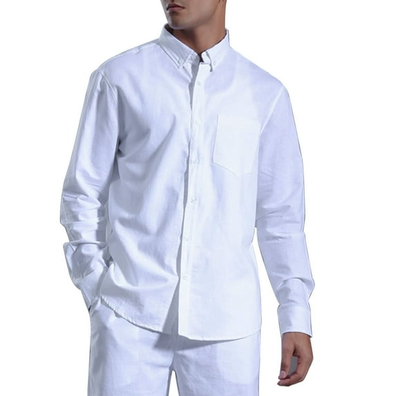 Linen Button Down Shirts for Men Pocket Dress Casual Blouses Long Sleeve Lapel Collar Solid Color Shirt Tops (XL, White)