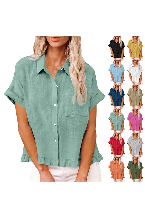 Linen Button Down Tops for Women Short Sleeve Summer Work Shirts Cute Ruffle Hem V Neck Blouses Dressy Casual Black M