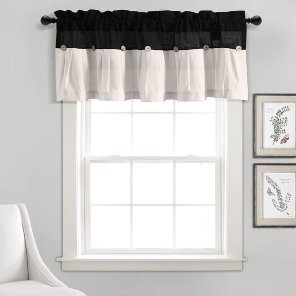 Linen Button Farmhouse Valance, 52" W x 18" L, Black & White - Kitchen Curtains Valances, Rustic Color Block Design With Husk Button