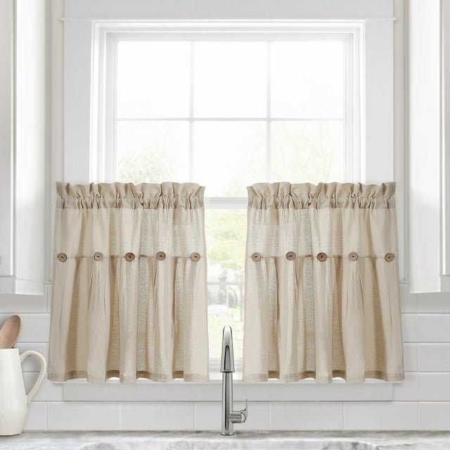 Linen Button Kitchen Tier Window Curtain Panels Dark Linen 29X24+2 Set ...