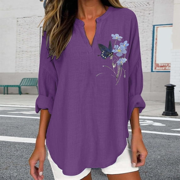 Linen Button Down Shirt Women Boho Peasant Gauze Blouses Beach Vacation Tshirts Peasant Blouse Linen Clothing For Women Peasant Tops For Women Womens Summer Tops Summer Blouses For Women Purple S